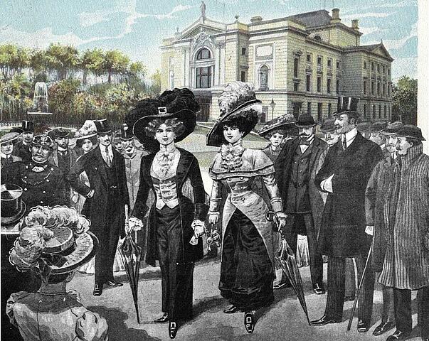  Jacek Kachel: Być kobietą 100 lat temu w Bielsku i Białej Na zdjęciu ilustracja przedstawiająca pojawienie się dwóch pań w spodniach przed bielskim teatrem