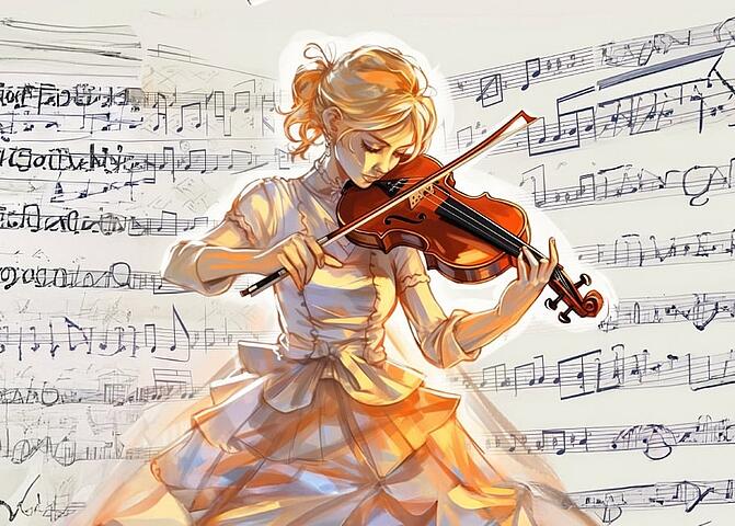  Cavatina Hall dla dzieci:Historia skrzypiec Stradivariusa Na zdjęciu grafika dziewczyna ze skrzypcami