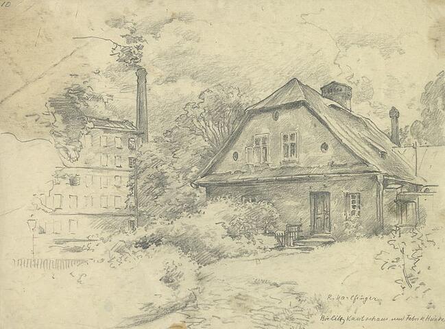  Rysunek Richarda Harlfingera przedstawiający dom kantora i fabrykę Hoinkesa Na zdjęciu rysunek Richarda Harlfingera