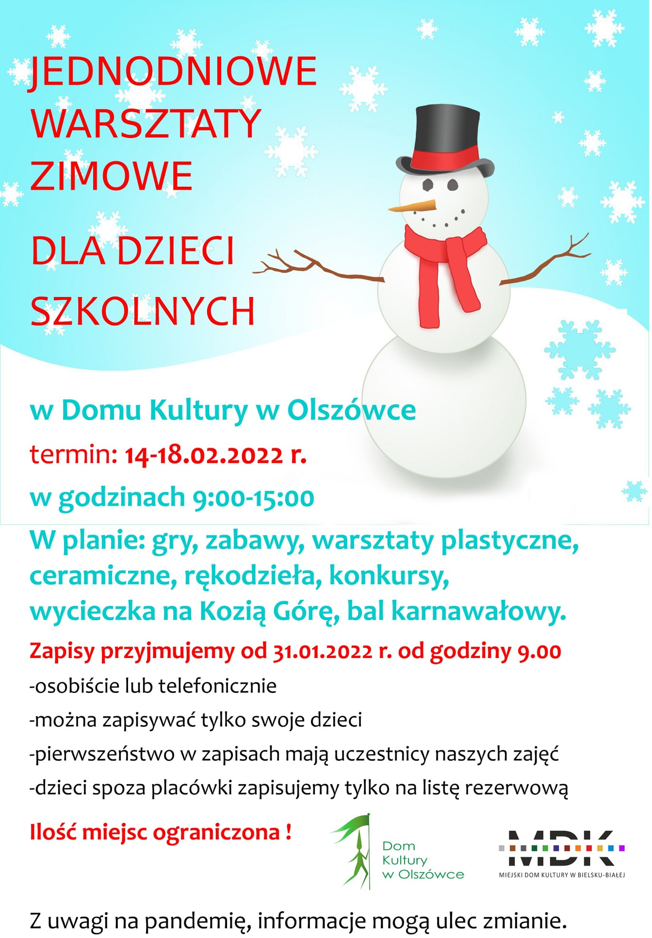  Dom Kultury w Olszówce: Akcja Zima Na zdjęciu plakat imprezy