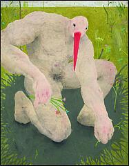 
    Bartłomiej Flis, Bocian, 2023, jedna z prac finałowych w konkursie Bielskiej Jesieni 2023
 
    Na zdjęciu obraz przedstawiający nagą sylwetkę  ludzką z głową bociana
